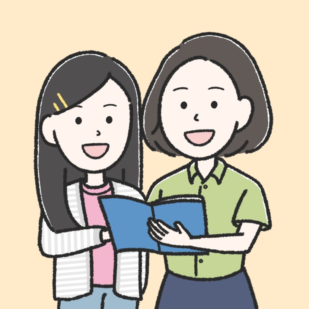 仙台市宮城野区　中学生英語　小学生英語　英検3級・準2級対策　英語教室女の子生徒と講師イラスト