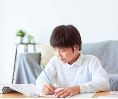自宅で勉強している中学生の男の子