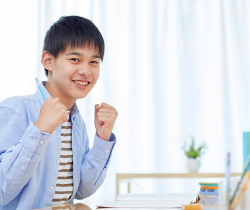自宅で勉強している中学生の男の子