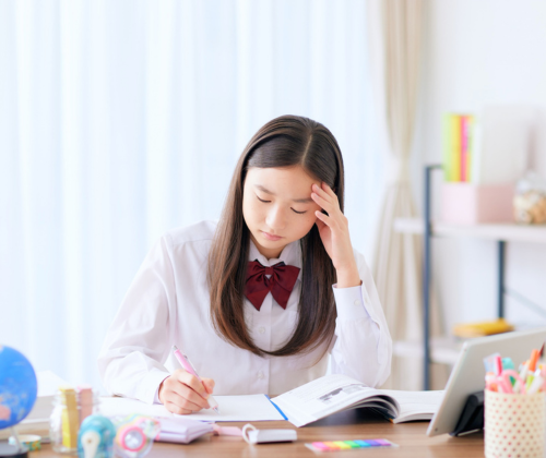 自宅で勉強している中学生の女の子