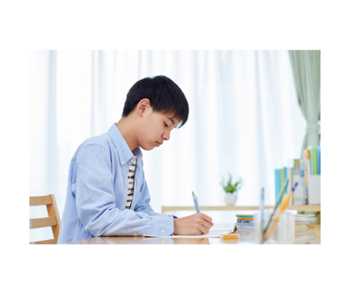 家で学習する男子中学生の画像